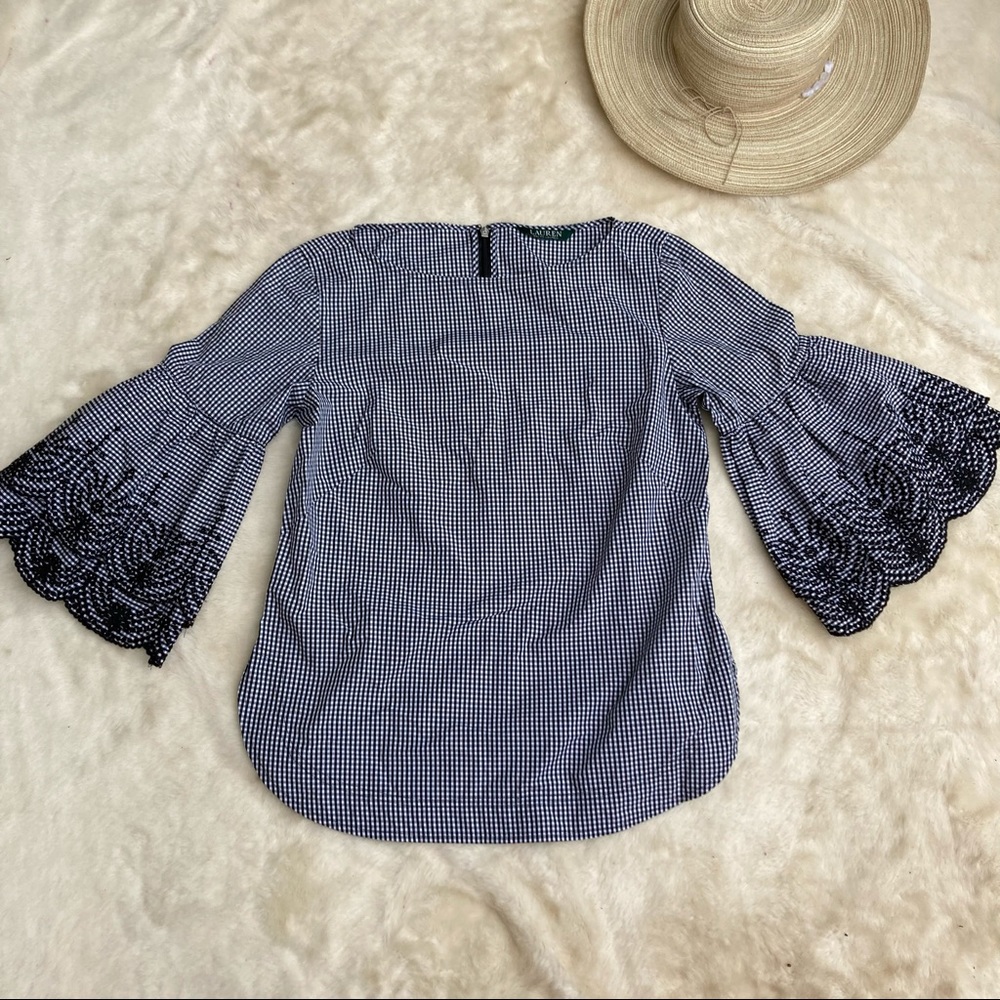 Ralph Lauren Gingham Embroidered Bell Sleeve